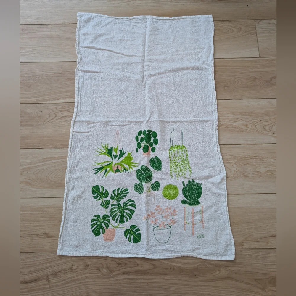 Green and White Botanical Print Tea Towel By Claudia Pearson